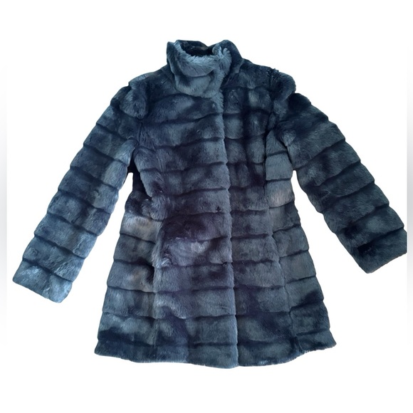 Eliza J Luxurious Slate BlueTiered Faux Fur Coat with High Collar sz M